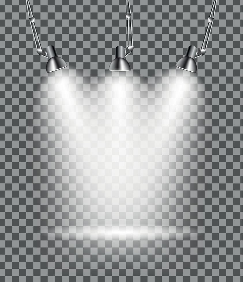 Bright with Lighting Spotlights Lamp with Transparent Effects on a Plaid Dark Background. . Empty Space for Your Text or Object vector