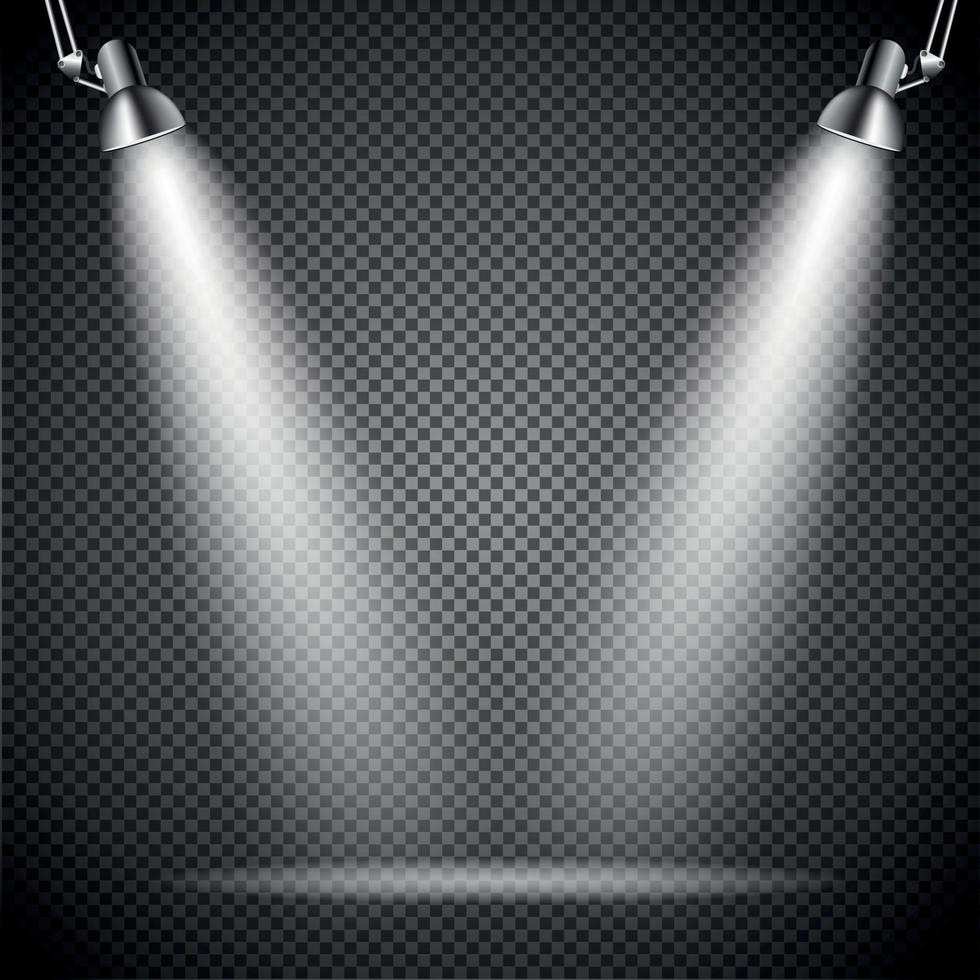 Bright with Lighting Spotlights Lamp with Transparent Effects on a Plaid Dark Background. . Empty Space for Your Text or Object vector