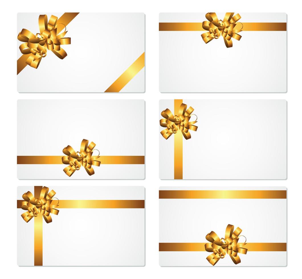 Gift Card with Gold Bow and Ribbon Set Vector Illustration
