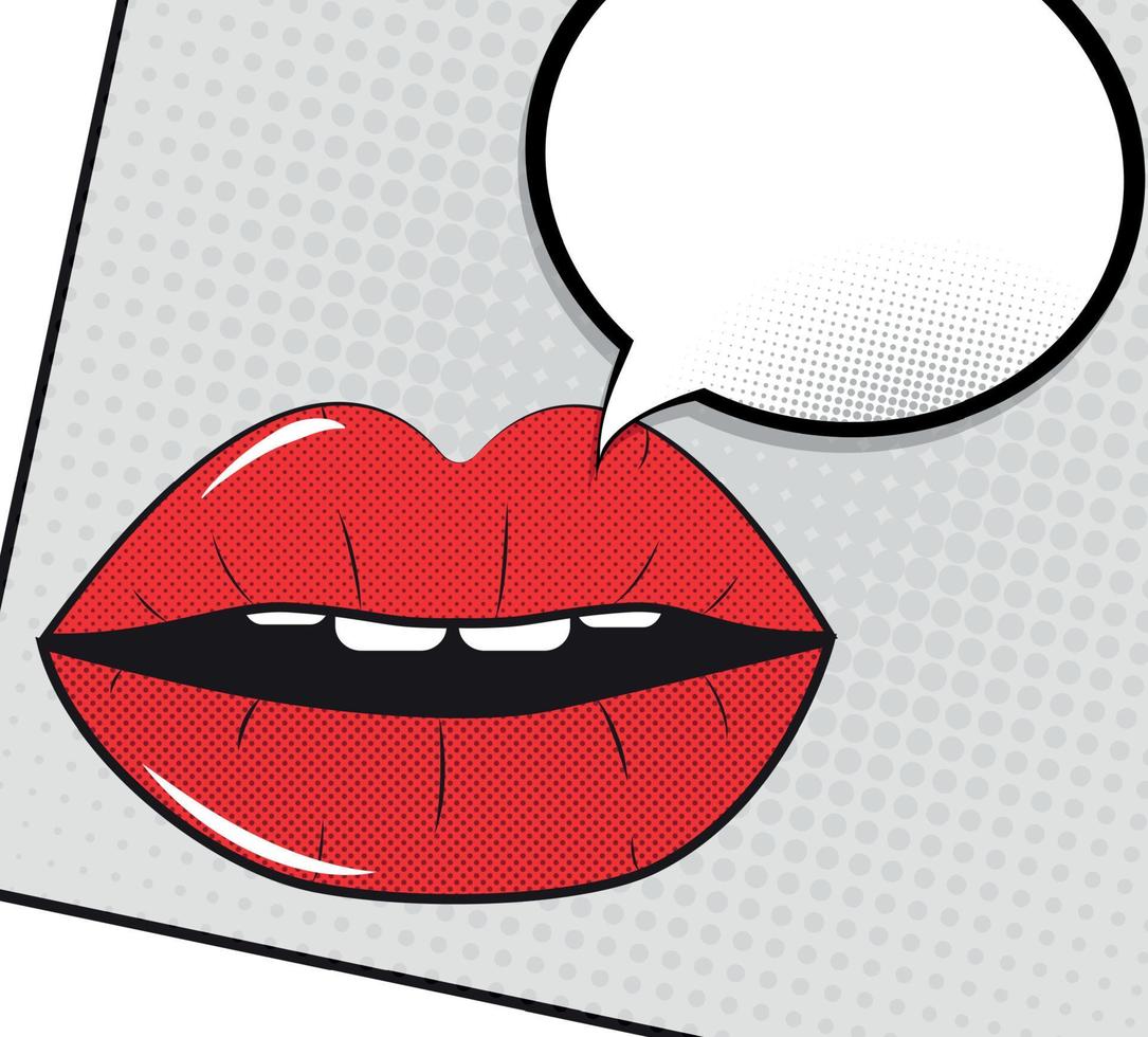 Labios rojos abiertos con fondo de arte pop de burbujas de discurso en la ilustración de vector de fondo de puntos