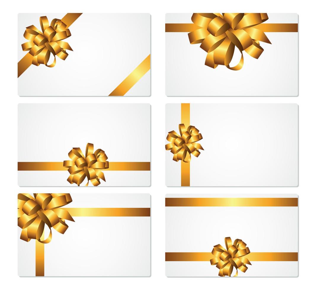 Gift Card with Gold Bow and Ribbon Set Vector Illustration