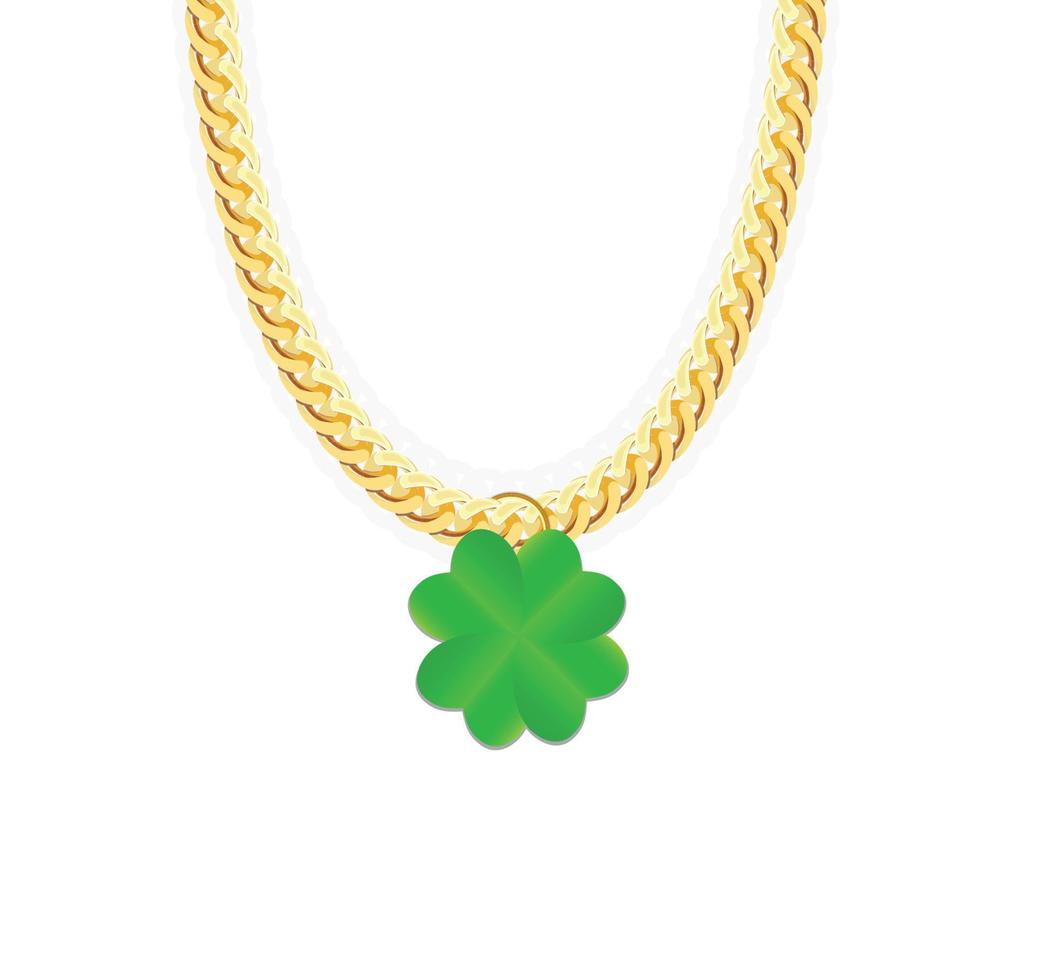 Gold Chain Jewelry whith Green Four-leaf Clover. Vector Illustration.