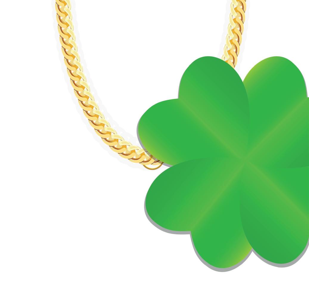 Gold Chain Jewelry whith Green Four-leaf Clover. Vector Illustration.