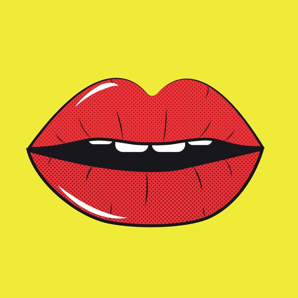Open Red Lips Pop Art Background On Dot Background Vector Illustration