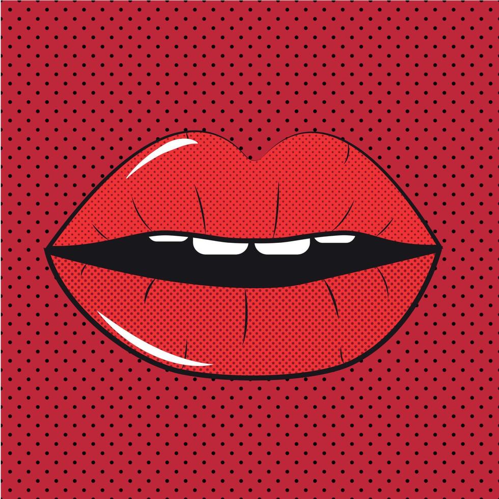 Open Red Lips Pop Art Background On Dot Background Vector Illustration