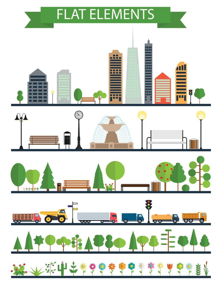 Flat City, Park, Forest, Road Elements vector