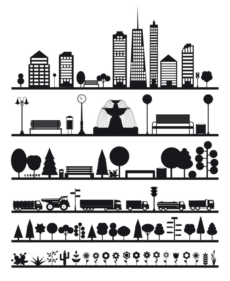 Silhouette City, Park, Forest, Road  Elements vector
