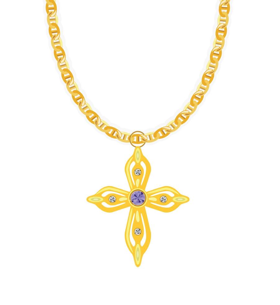 Gold Chain with Cross with Diamond. Vector Illustration.