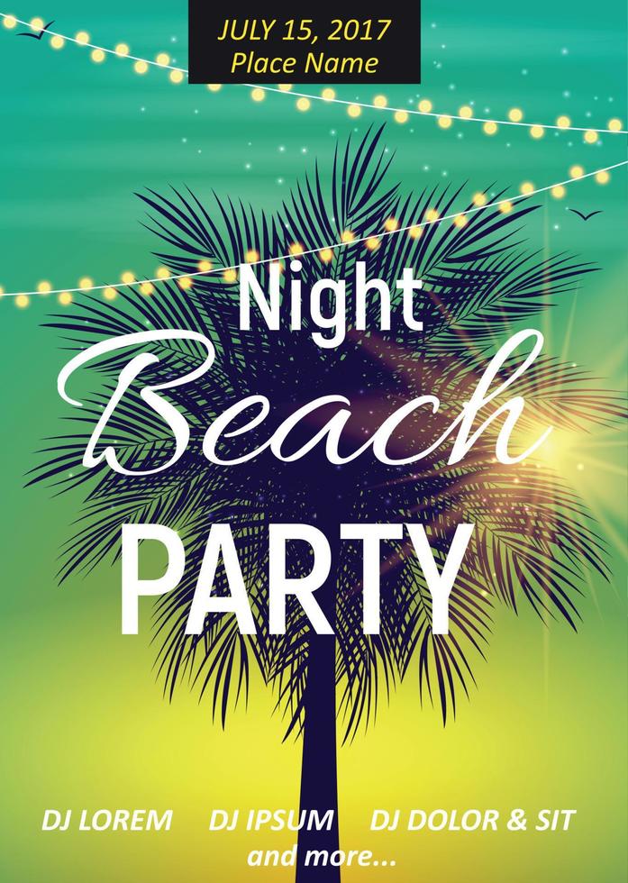 cartel de fiesta de playa de noche de verano. Fondo natural tropical con palmeras. ilustración vectorial vector