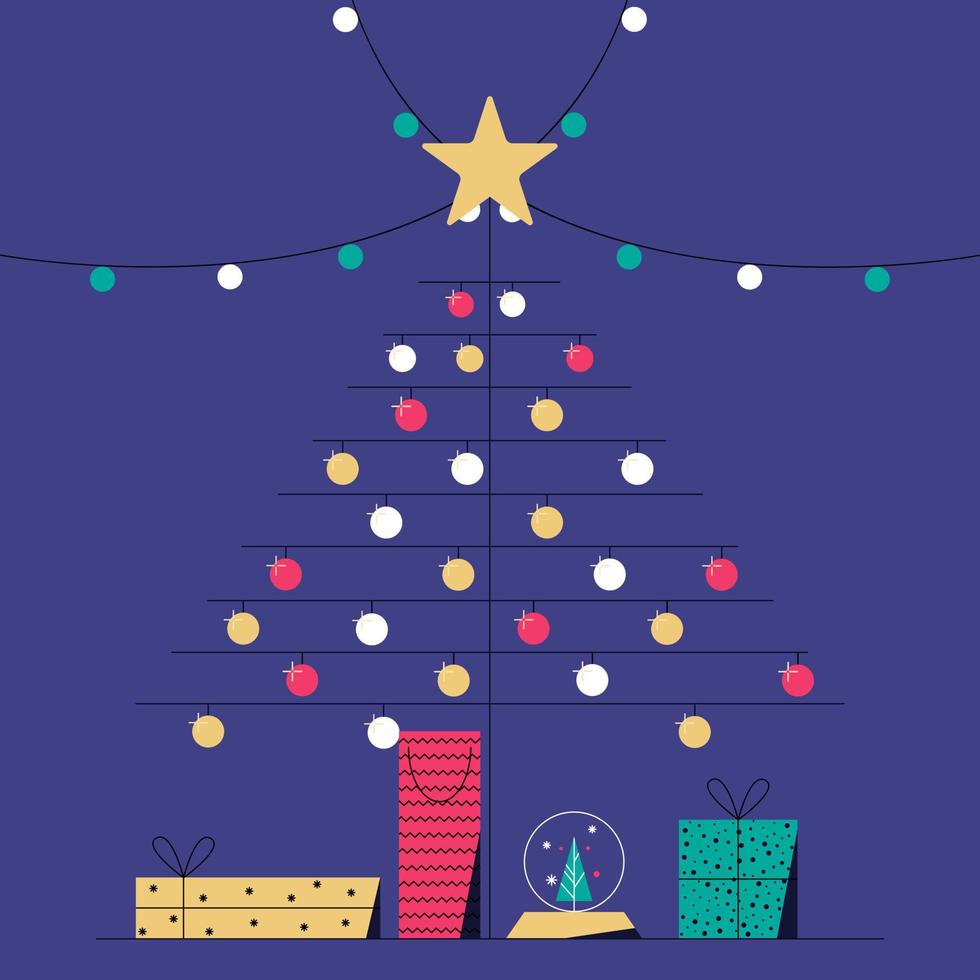 christmas tree decorated with lights, balls, star and gifts. vector