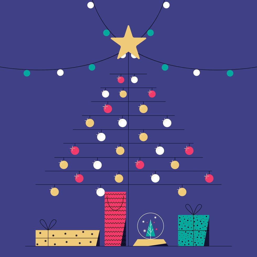 árbol de navidad decorado con luces, bolas, estrellas y regalos. vector