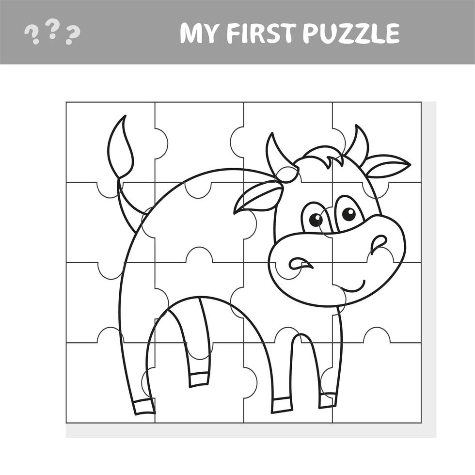 Juego de actividades de rompecabezas para niños con carácter de animal de granja toro. vector