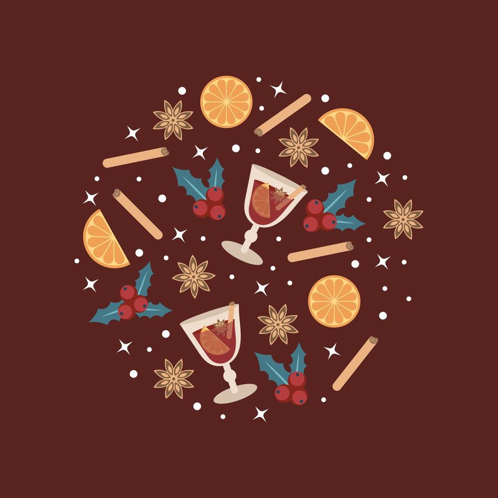 Hot mulled wine in a glass and elements and spices for a drink on a burgundy vector