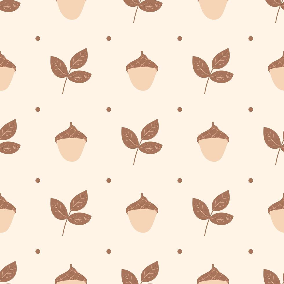 A minimalistic pattern in beige tones - acorn and leaves. Seamless pattern vector