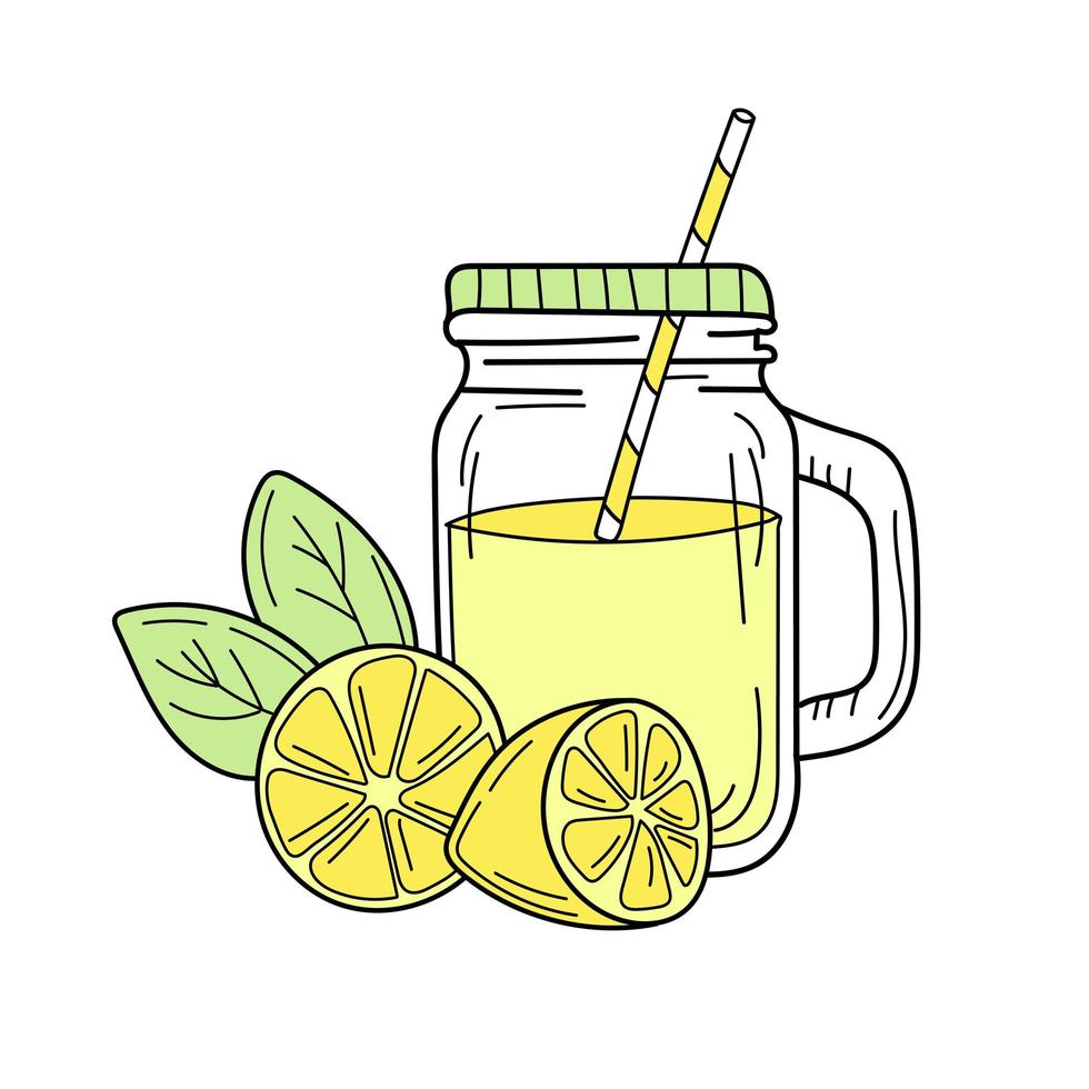 limones amarillos y limonada en frasco de vidrio. bebida fresca de verano vector