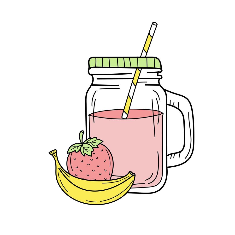 Banana and strawberry smoothie or lemonade in glass jar. Fresh summer drink vector