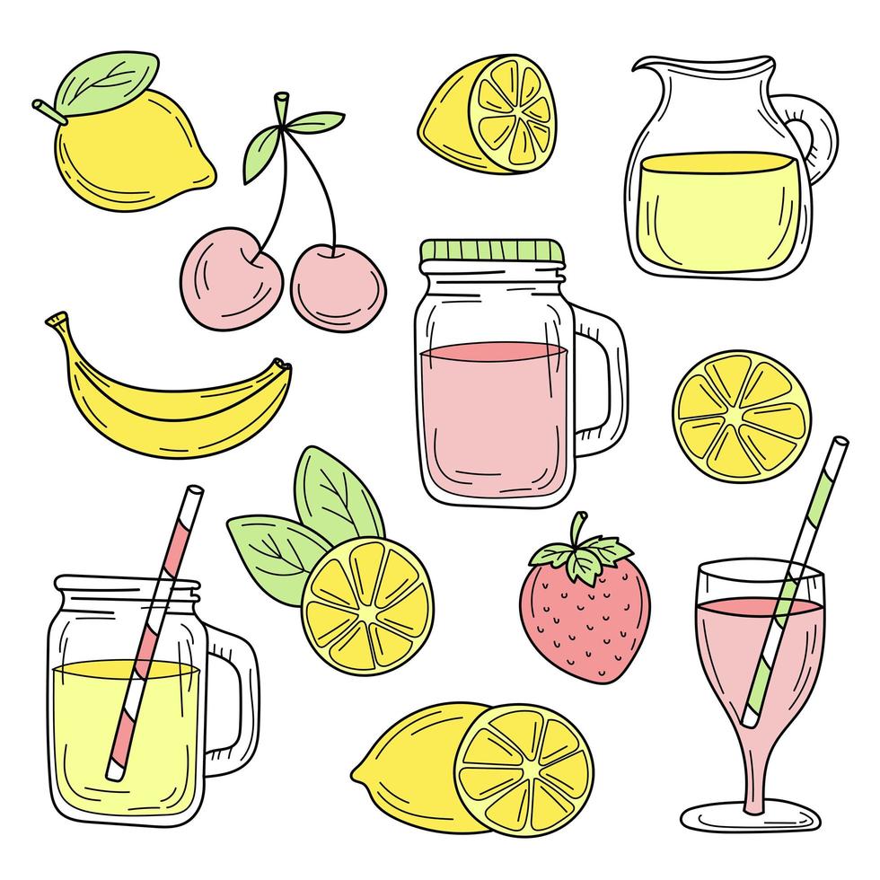 conjunto de línea de cócteles de verano dibujada sobre un fondo blanco. comida de dibujo vectorial vector