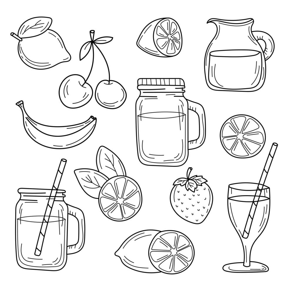 conjunto de línea de cócteles de verano dibujada sobre un fondo blanco. comida de dibujo vectorial. vector