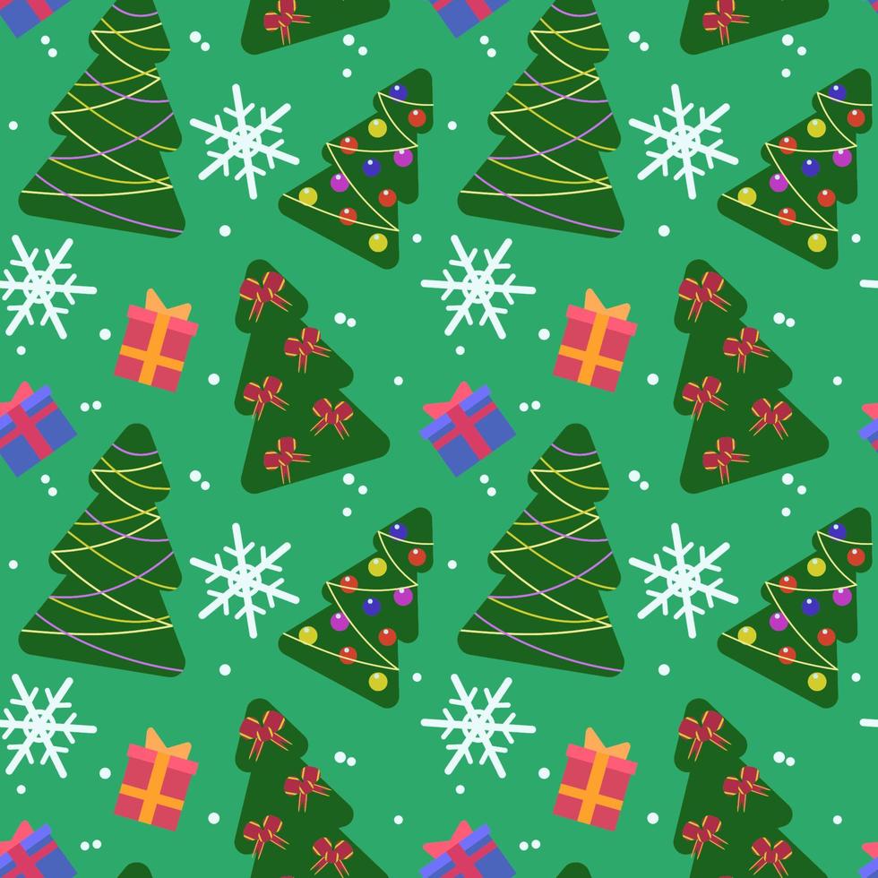 Vector seamless colorful Christmas pattern. Christmas trees, red and blue gift boxes, red ribbons, snowflake on green background  for wrapping paper, wallpaper, post cards, textile, fabric.