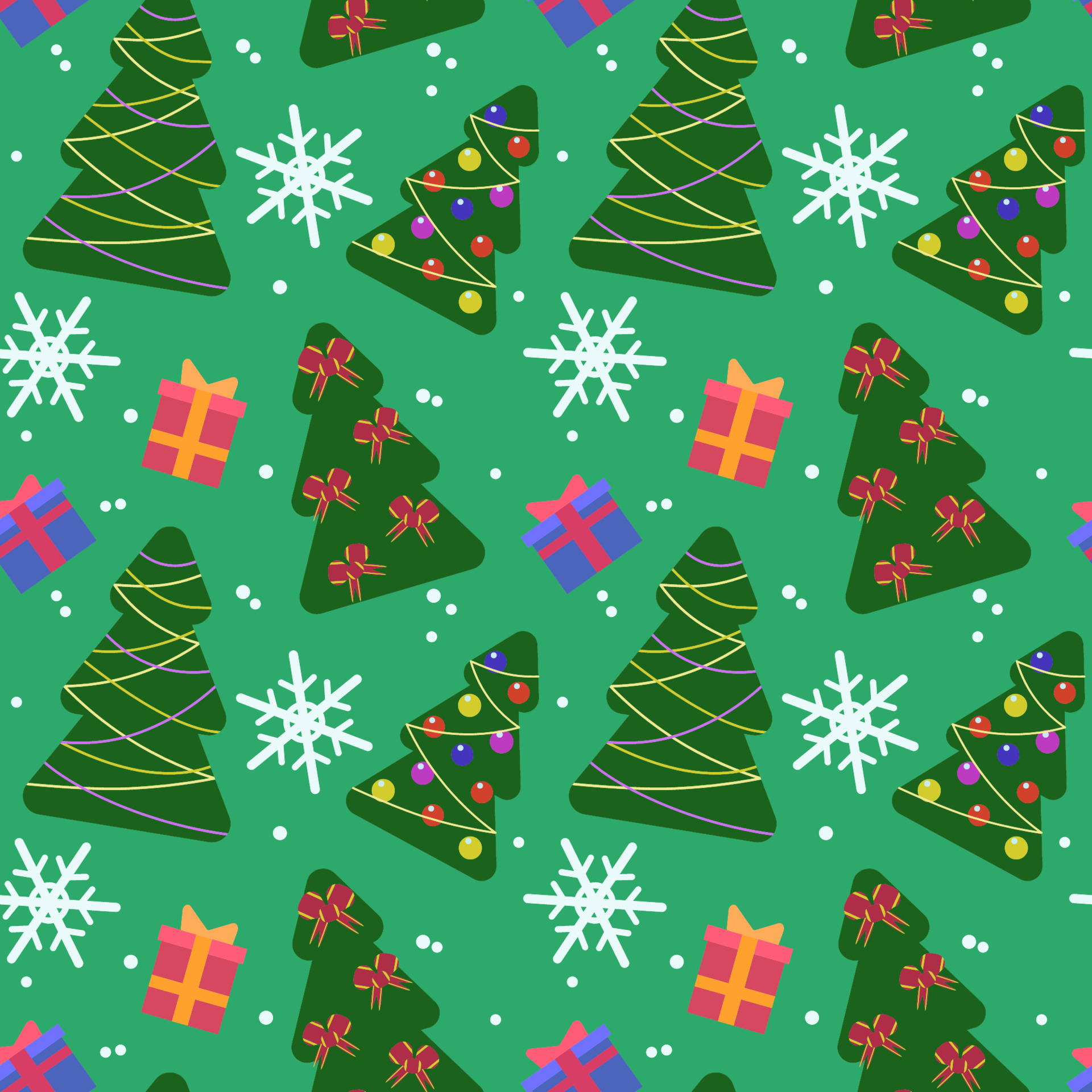 Vector seamless colorful Christmas pattern. Christmas trees, red and