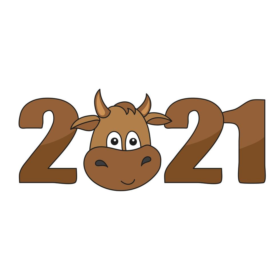 feliz año nuevo 2021 banner. cabeza de vaca o buey de dibujos animados vector