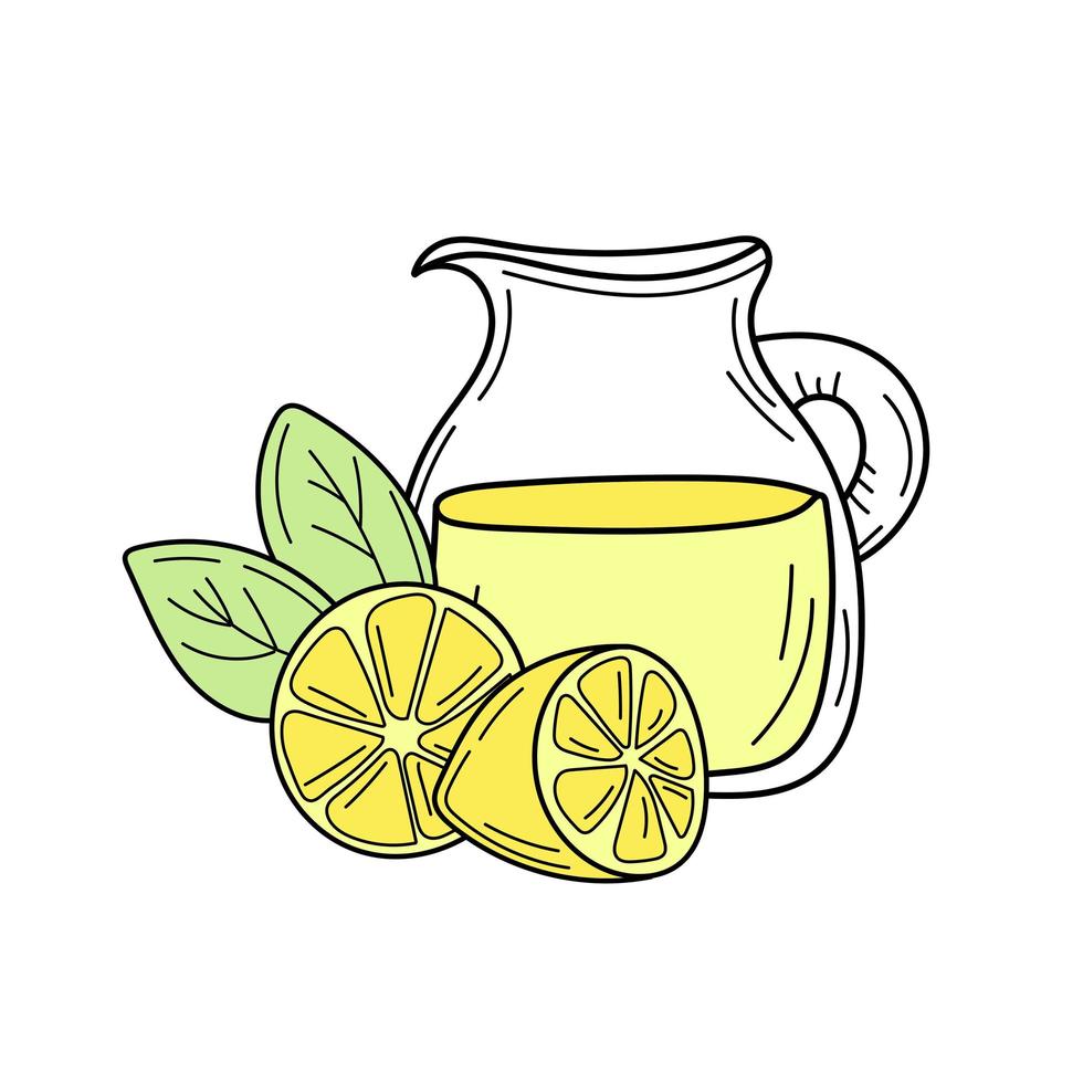 Yellow lemons and lemonade in glass jug. Fresh summer drink. Isolated vector