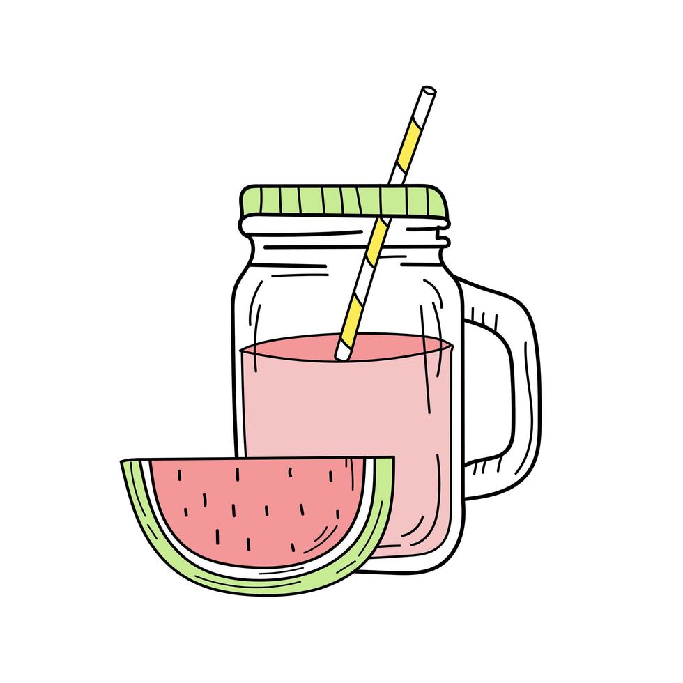 Hand drawn watermelon lemonade in a glass jar. Vector