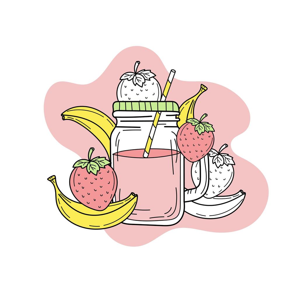 Banana and strawberry smoothie or lemonade in glass jar. Fresh summer drink vector