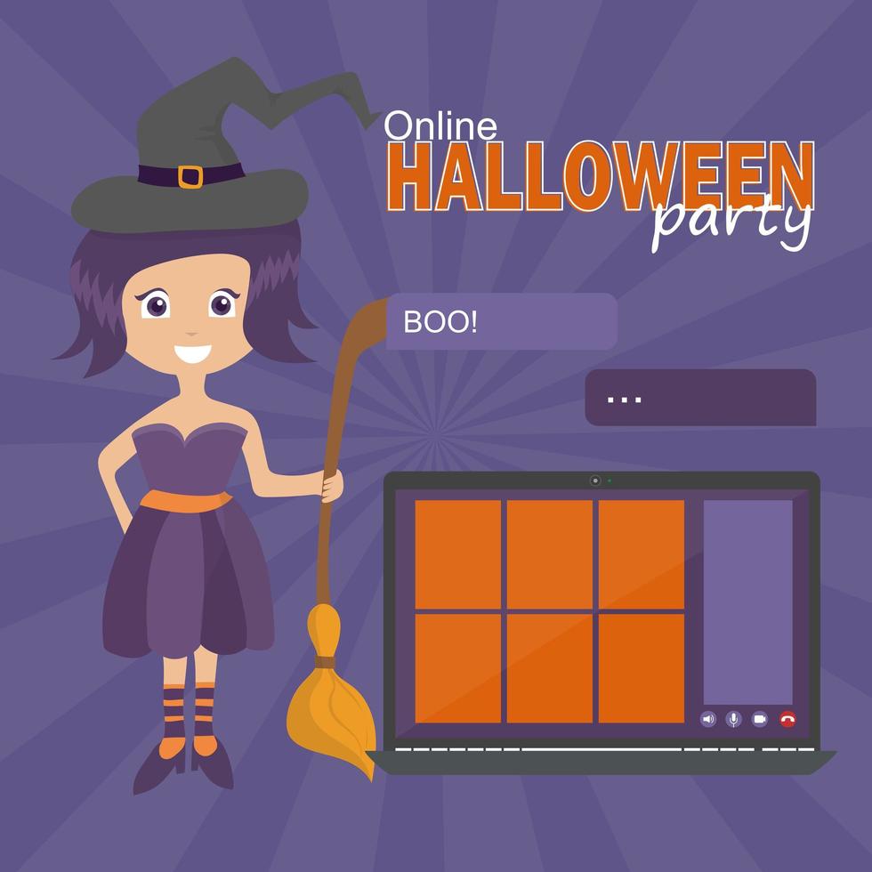 concepto de fiesta de halloween en línea, pantalla de computadora con videoconferencia vector