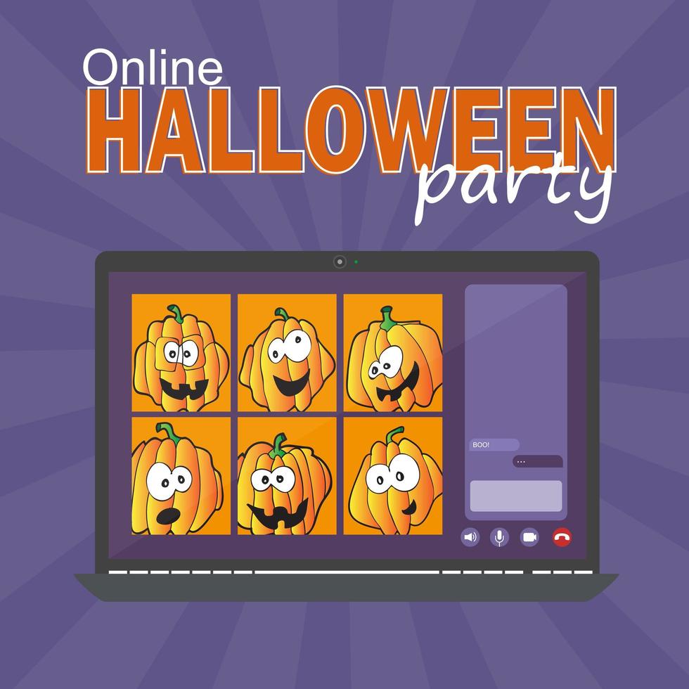 concepto de fiesta de halloween en línea, pantalla de computadora con videoconferencia vector