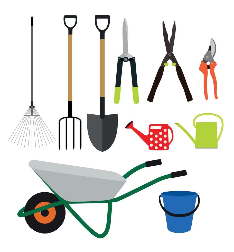 Garden Tools, Instruments Flat Icon Collection Set. Shovel, bucket, rake, secateurs, scissors, wheelbarrow and watering vector