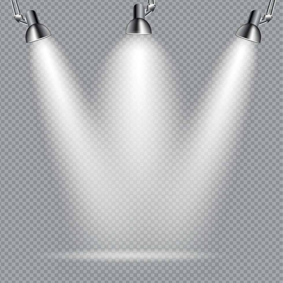 Bright with Lighting Spotlights Lamp with Transparent Effects on a Plaid Dark Background. . Empty Space for Your Text or Object vector