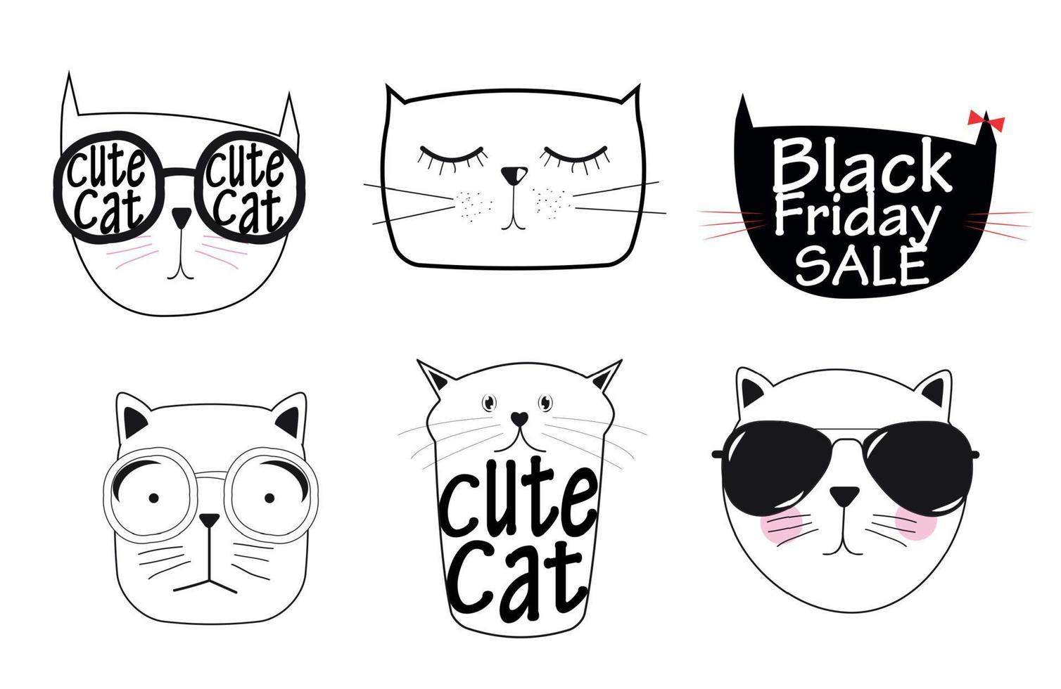 Cute Handdrawn Cat Set Vector Illustration