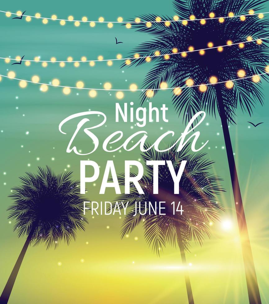 Summer Night Beach Party Poster. Tropical Natural Background  with Palm. Vector Illustration