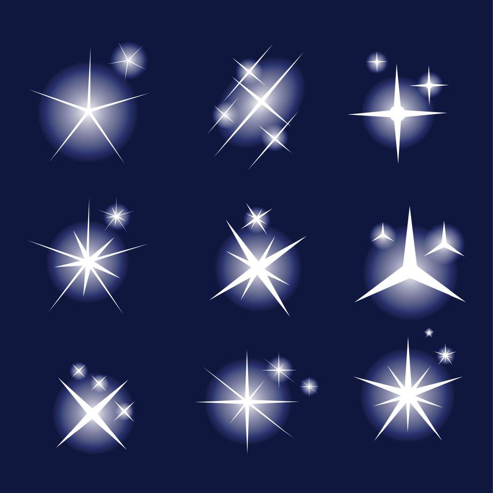 Set of Glowing Light Stars with Sparkles Vector Illustration