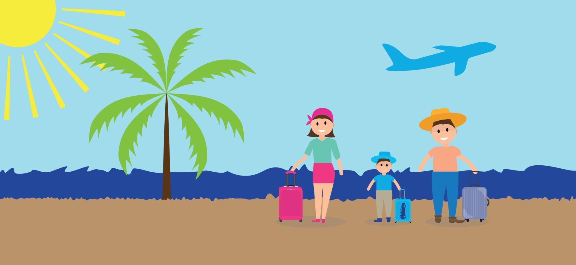 Family on vacation with suitcases. Vector Illustration.