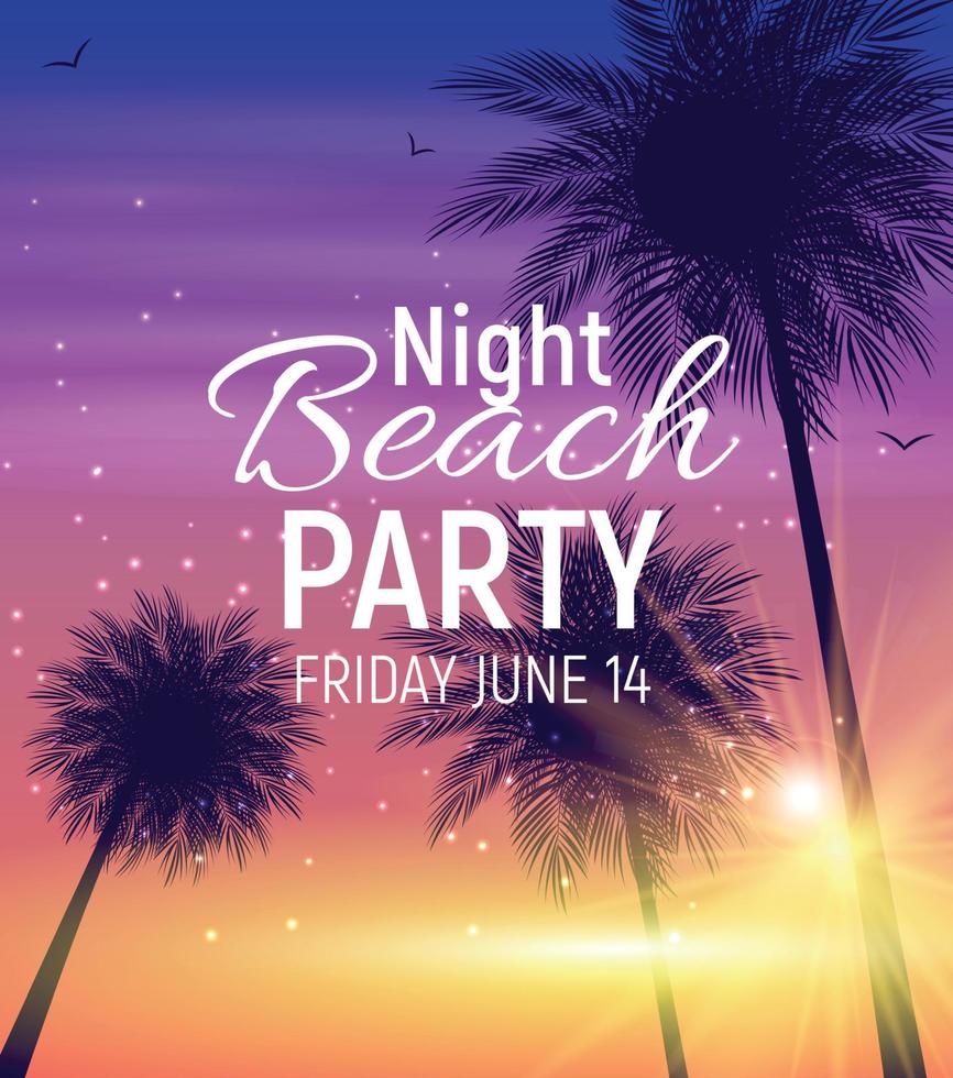 Summer Night Beach Party Poster. Tropical Natural Background  with Palm. Vector Illustration