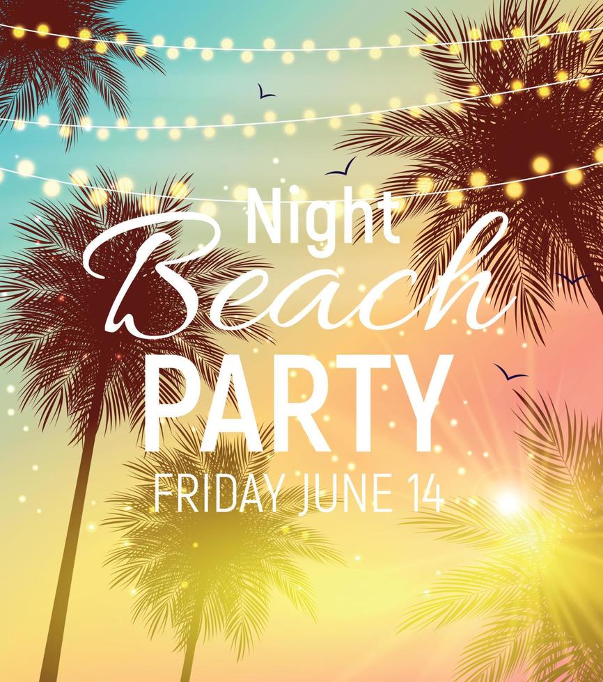 Summer Night Beach Party Poster. Tropical Natural Background  with Palm. Vector Illustration