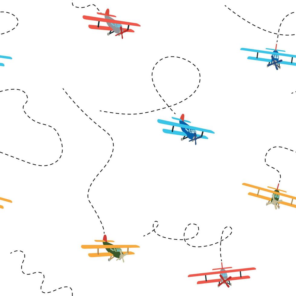 Color model of an old airplane flying in the sky. Seamless pattern. Vector illustration