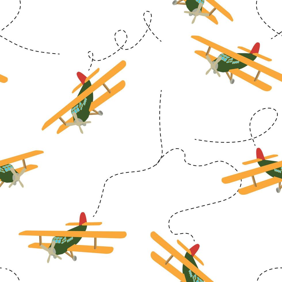 Color model of an old airplane flying in the sky. Seamless pattern. Vector illustration