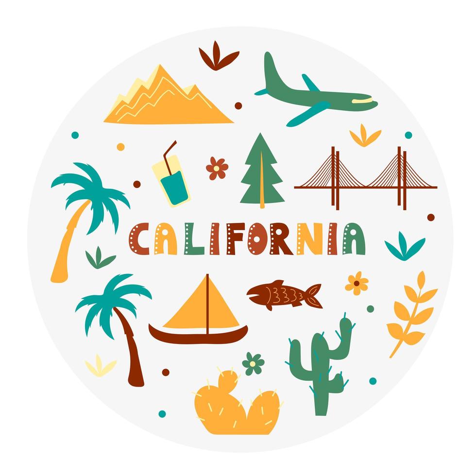 USA collection. Vector illustration of California theme. State Symbols