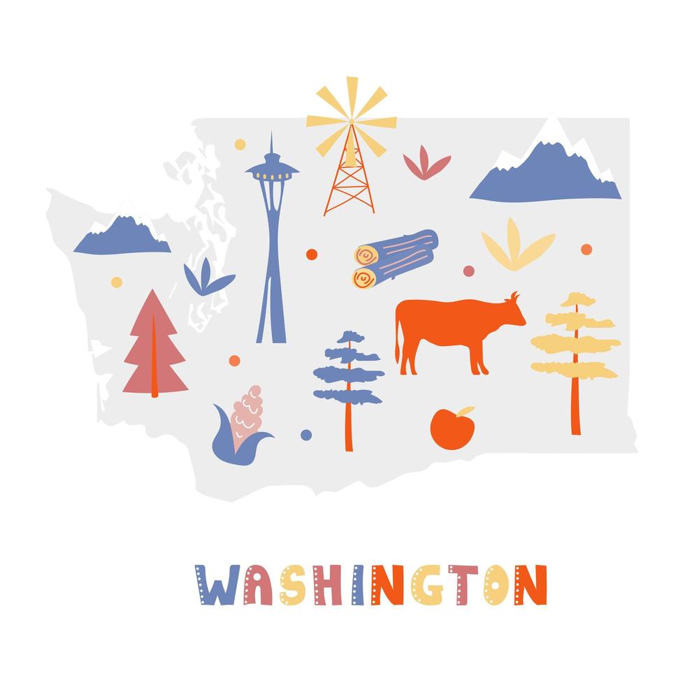 colección de mapas de Estados Unidos. Símbolos estatales en la silueta del estado gris - Washington vector