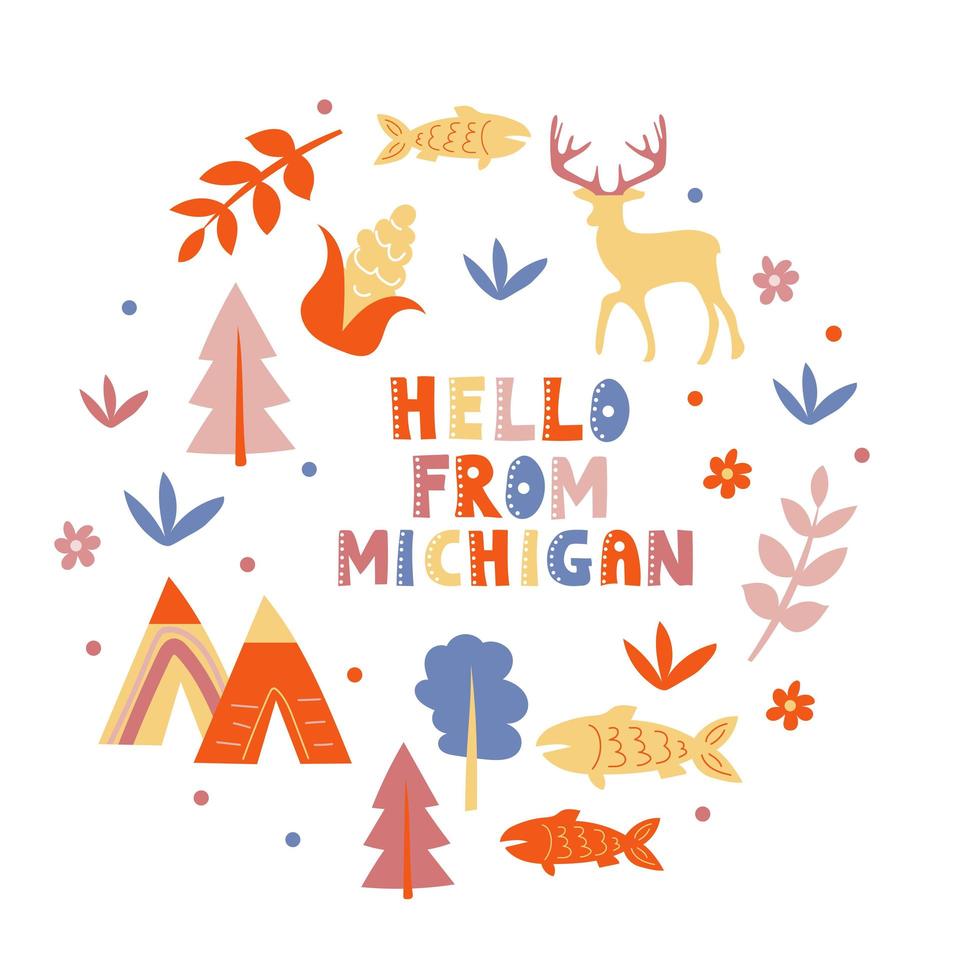 USA collection. Hello from Michigan theme. State Symbols vector