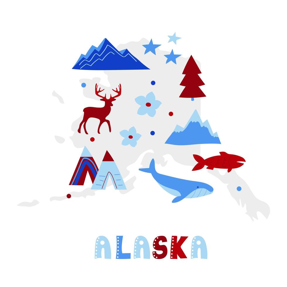 USA map collection. State symbols on gray state silhouette - Alaska vector
