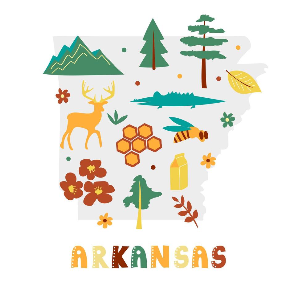 USA map collection. State symbols on gray state silhouette - Arkansas vector