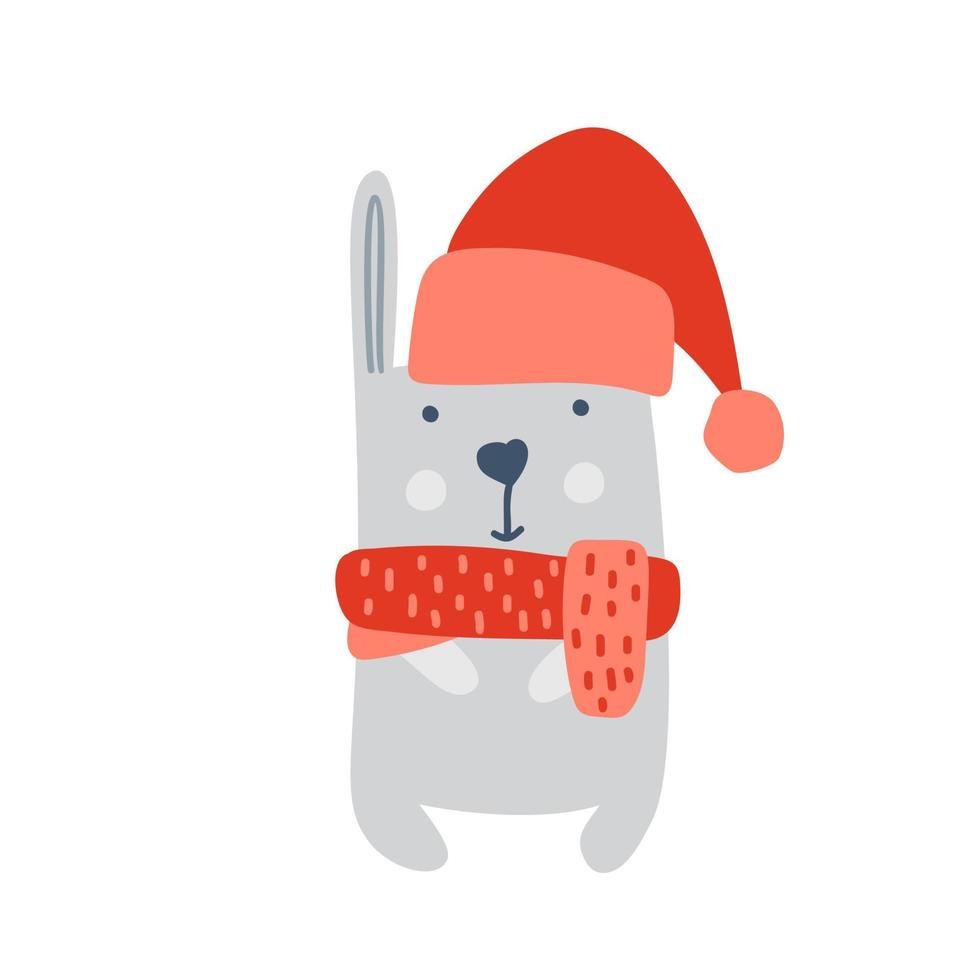 lindo conejo de vector de Navidad con sombrero de santa claus y bufanda. Ilustración de conejito banner de año nuevo. diseño de vacaciones de invierno. animal bebé escandinavo plano