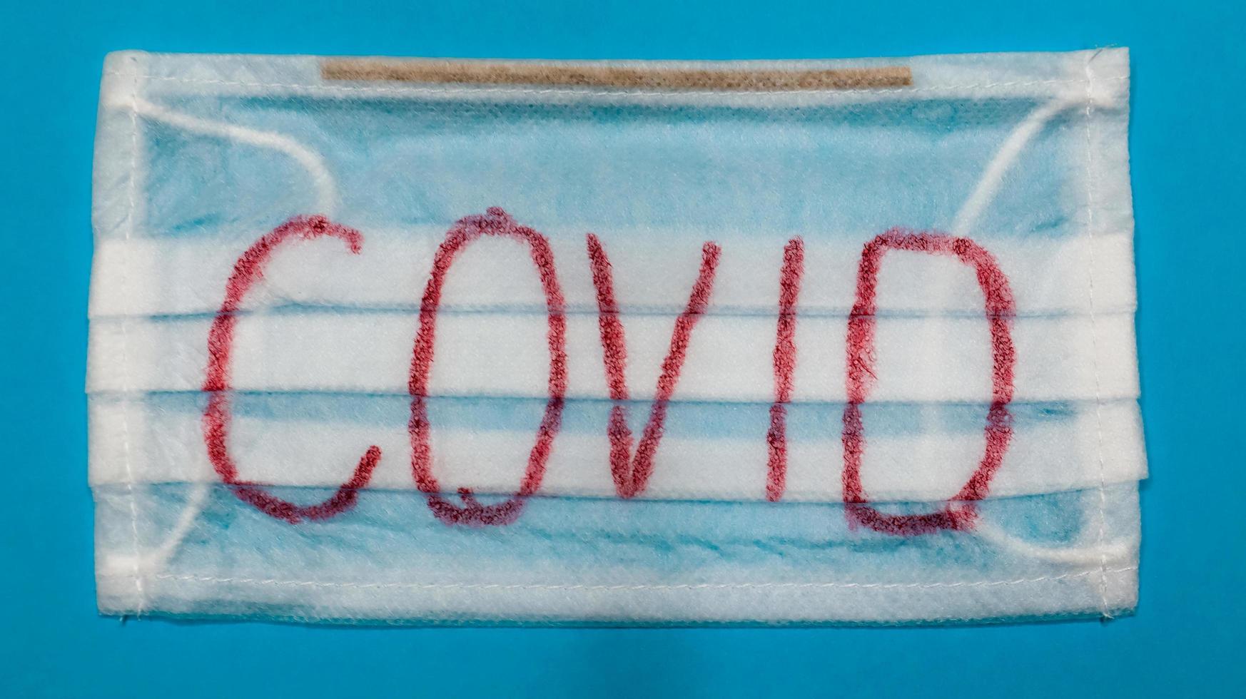 Typical white 3-ply surgical mask with rubber earhooks to cover mouth and nose with English block letters Covid on a blue background. Dangerous virus and quarantine concept. photo