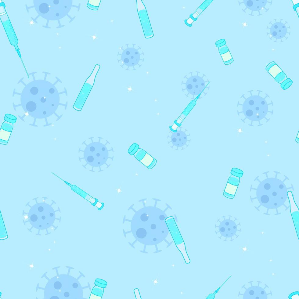 Blue dreamy seamless pattern of virus vaccine with bottles syringes and ampules. Vector EPS 10