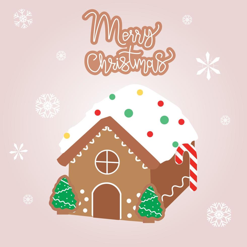 Illustration of gingerbread house with Christmas trees and candies and snowflakes vector