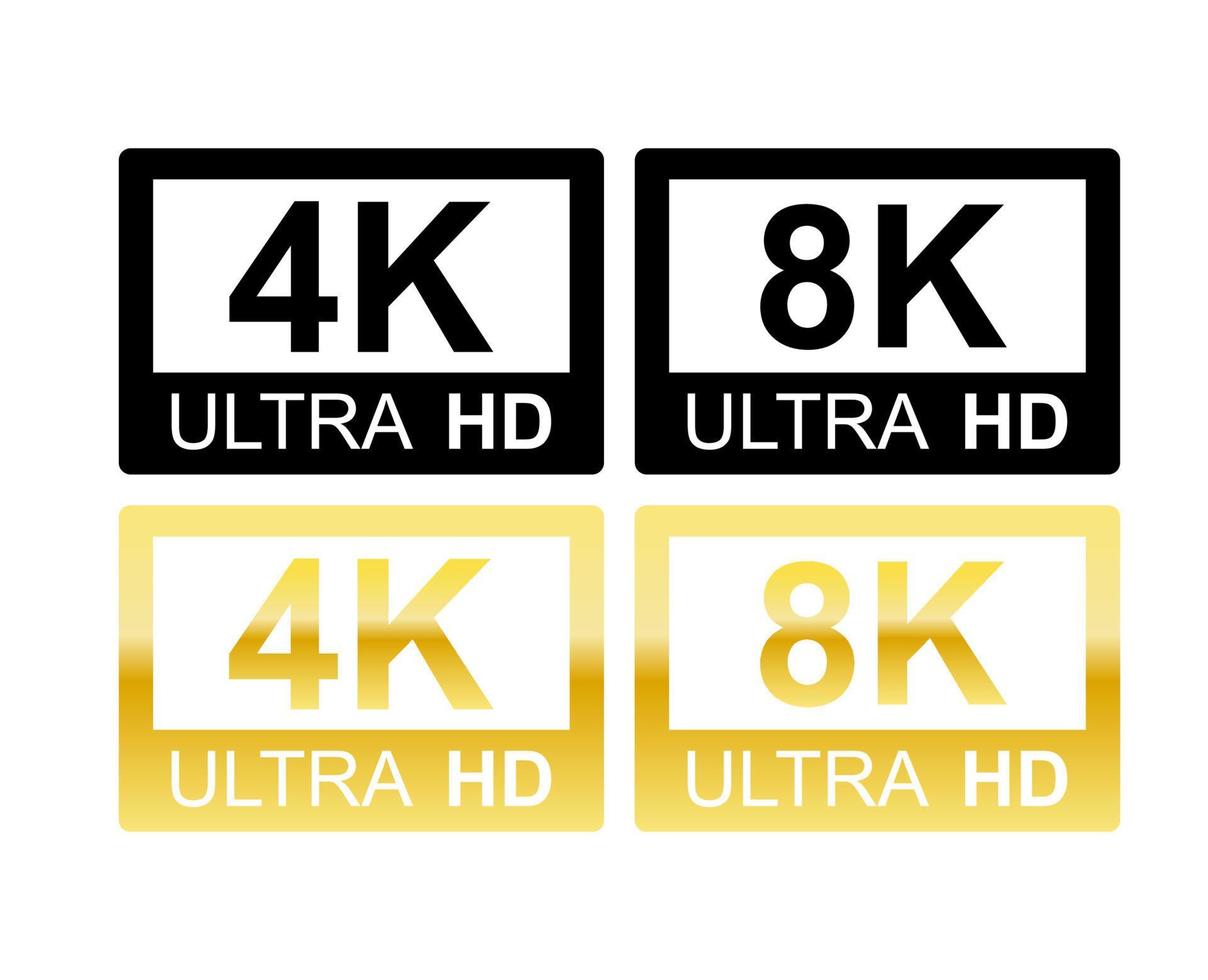 Set of black and gold 4K and 8K high definition icons. Vector ...
